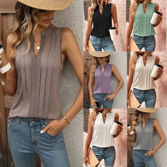 Damen Ärmellose Bluse mit feinen Bügelfalten und V-Ausschnitt – Élovi